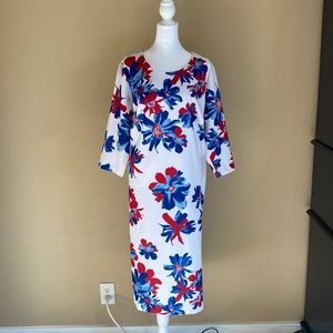 Beautiful White Dress with Blue/Red Flowers, kimono style with semi-long sleeves